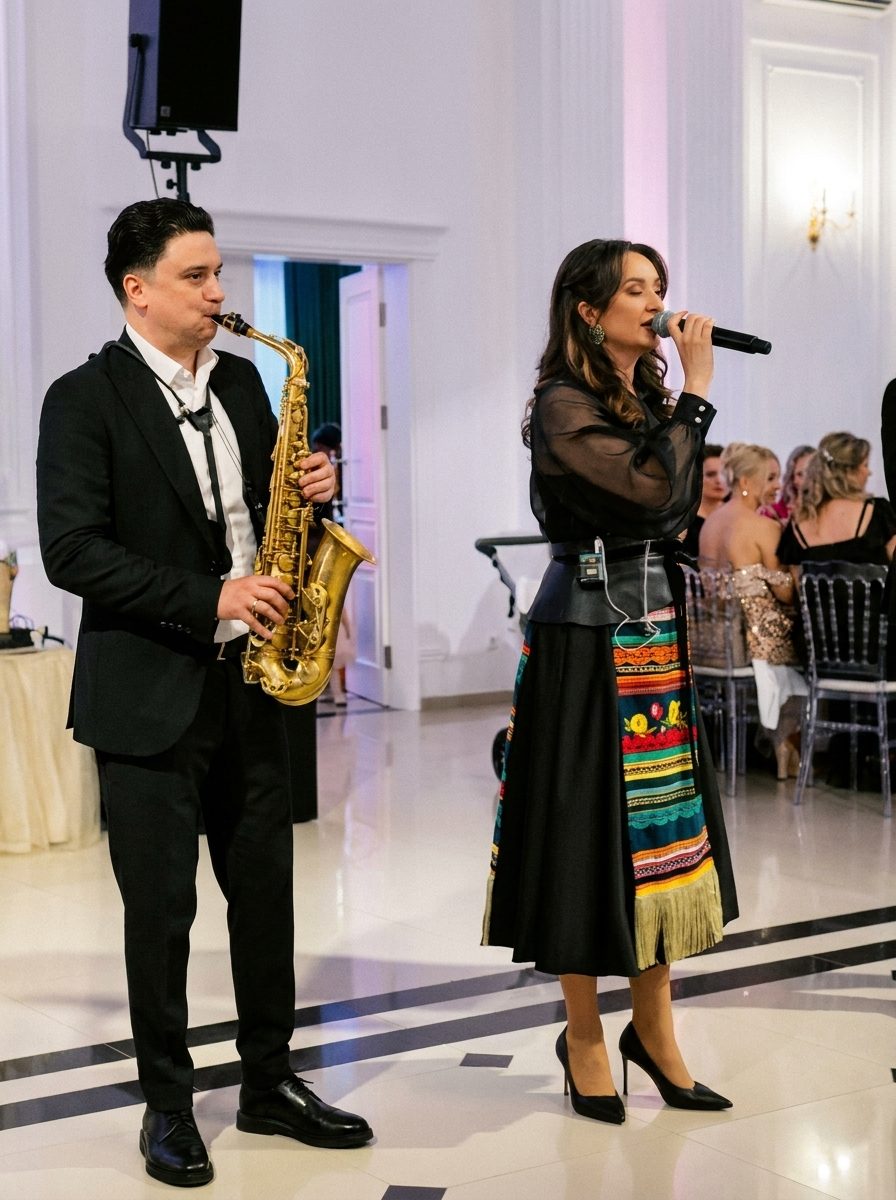 Saxofonistul și solista formației la o nuntă